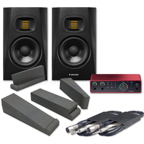 Adam Audio T5V (Pair) + Focusrite Scarlett 2i2 (G4), Pads & Leads Bundle Deal