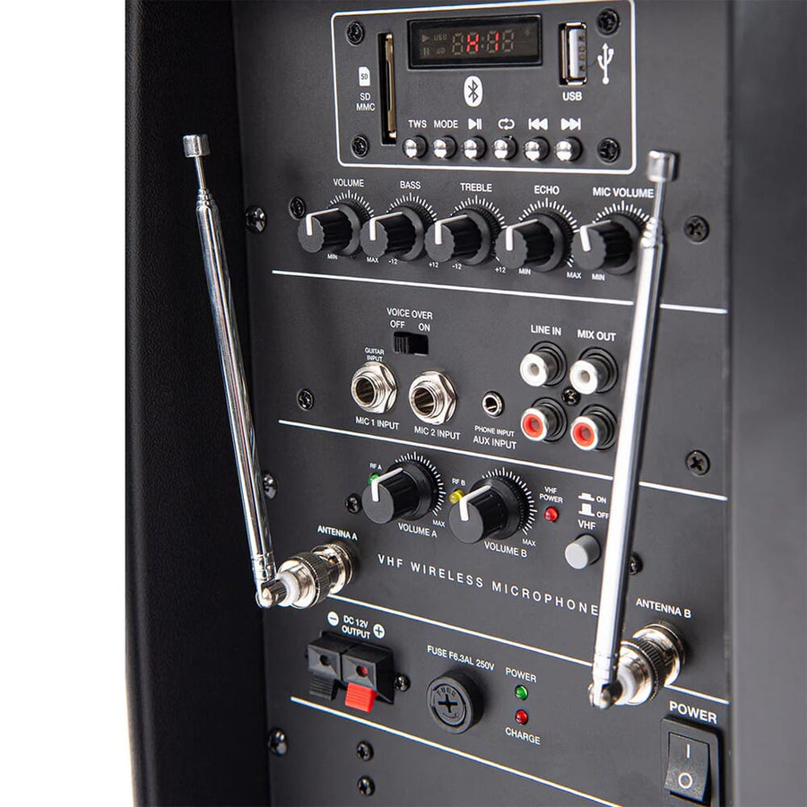Kam RZ12AP, Portable PA with Media Player, USB & SD Card Input + VHF Dual Microphones & Bluetooth (Single)
