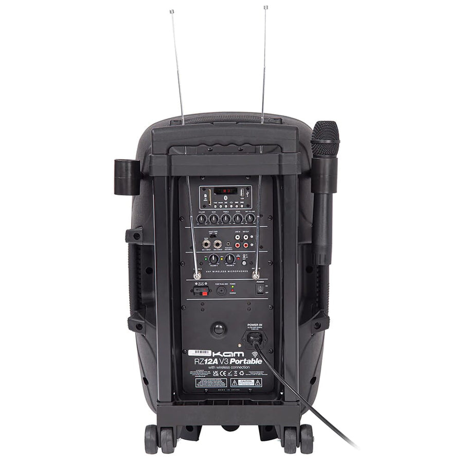 Kam RZ12AP, Portable PA with Media Player, USB & SD Card Input + VHF Dual Microphones & Bluetooth (Single)
