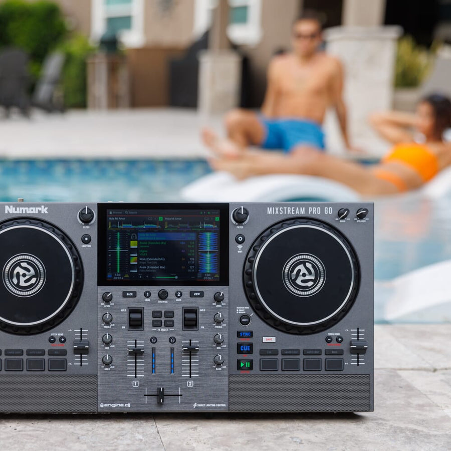 Numark Mixstream Pro Go, Battery Powered Standalone DJ Controller with Built-In Speakers, Amazon Music Streaming & Stems