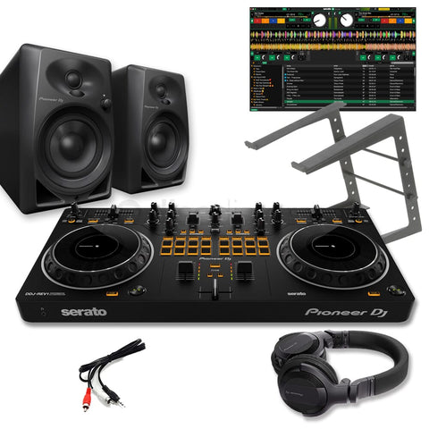 Pioneer DJ DDJ-REV1 Serato DJ Controller, DM-40D Speakers, Laptop Stand & HDJ-CUE1 Headphones Bundle Deal