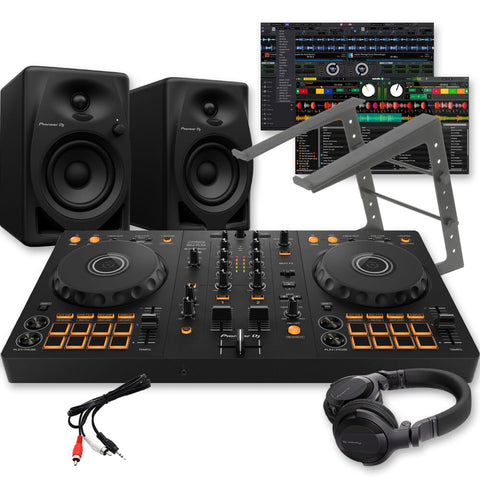 Pioneer DJ DDJ-FLX4 DJ Controller, DM-40D Speakers, Laptop Stand & HDJ-CUE1 Headphones Bundle
