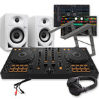 Pioneer DJ DDJ-FLX4 DJ Controller, DM-40D White Speakers, Laptop Stand & HDJ-CUE1 Headphones Bundle