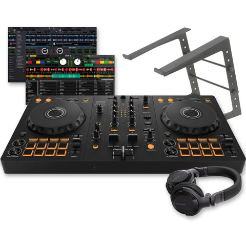 Pioneer DJ DDJ-FLX4 DJ Controller, Laptop Stand & HDJ-CUE1 Headphones Bundle