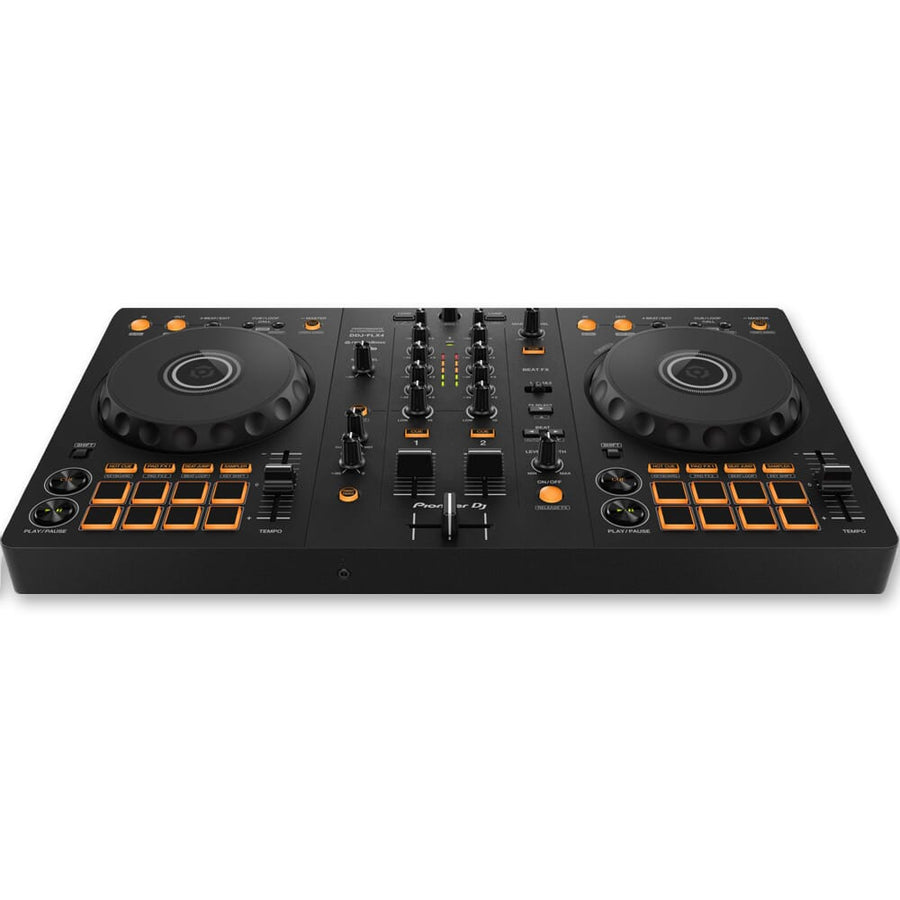 Pioneer DJ DDJ-FLX4 DJ Controller, DM-40D White Speakers, Laptop Stand & HDJ-CUE1 Headphones Bundle