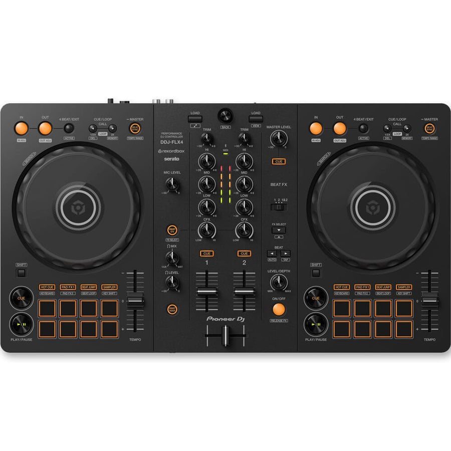 Pioneer DJ DDJ-FLX4 DJ Controller, DM-40D White Speakers, Laptop Stand & HDJ-CUE1 Headphones Bundle