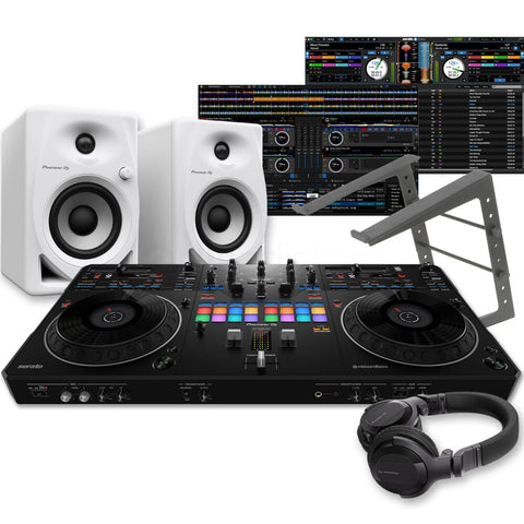 Pioneer DJ DDJ-REV5 Serato DJ Controller, DM-40D White Speakers, Laptop Stand & HDJ-CUE1 Headphones Bundle