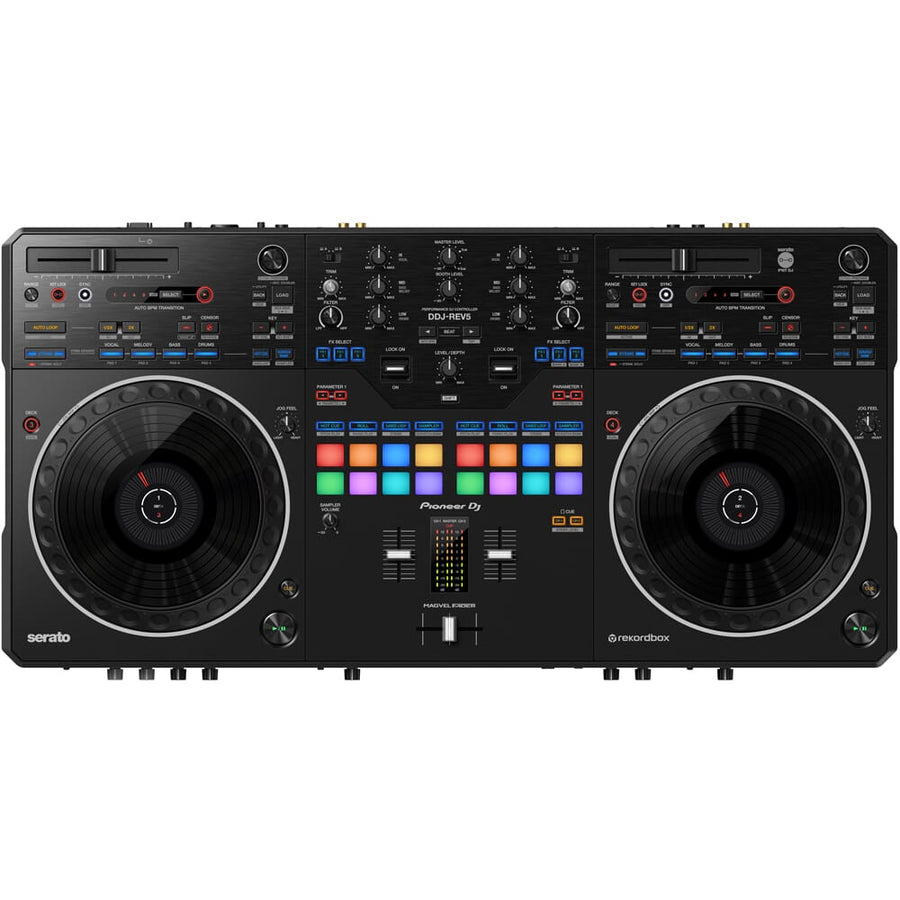 Pioneer DJ DDJ-REV5 Serato DJ Controller, DM-40D White Speakers, Laptop Stand & HDJ-CUE1 Headphones Bundle