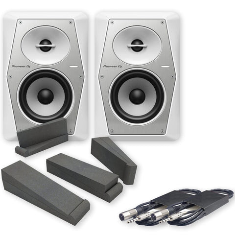 Pioneer DJ VM-50 White Active DJ Speakers (Pair) + Isolation Pads & Cables Bundle Deal