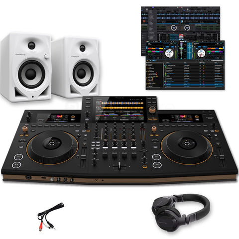 Pioneer DJ Opus Quad Standalone DJ System, DM-40D White Speakers + HDJ-CUE1 Headphones Bundle Deal