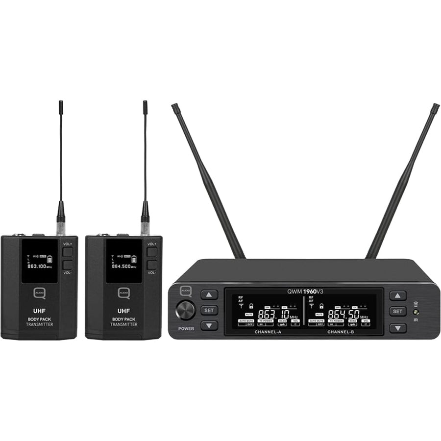 Q-Audio QWM 1960 V3 BP 863-865 MHz, UHF Dual Channel True Diversity Belt Pack Wireless Mic System