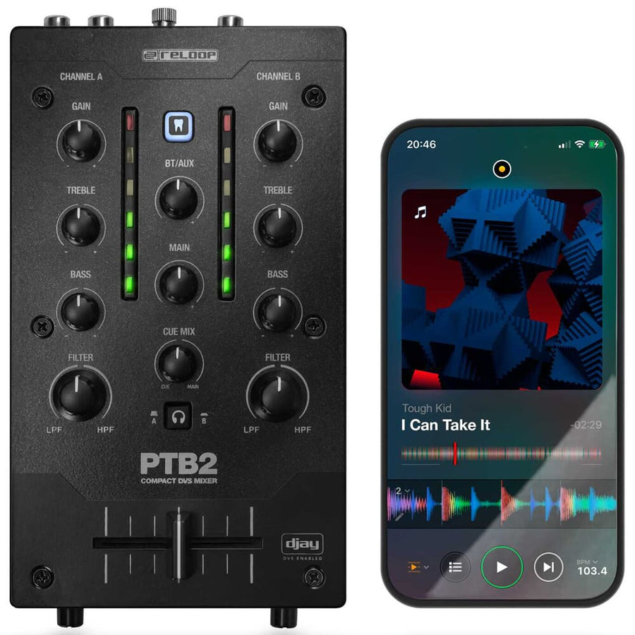 Reloop PTB-2, Portable USB-C Powered 2-Channel DJ Mixer with DVS & Bluetooth Interface