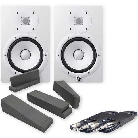Yamaha HS8 White Active Studio Monitors, Isolation Pads & Leads Bundle