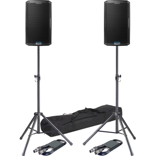 Alto TS412 12'' Active Bluetooth PA Speakers + Tripod Stands & Leads Bundle