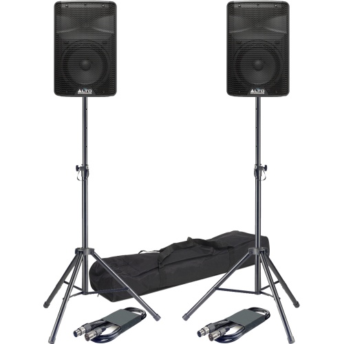 Alto TX308, 8'' Active PA Speakers + Tripod Stands & Leads Bundle