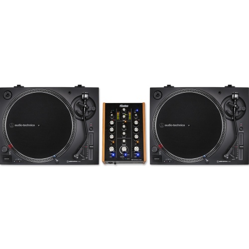 Audio Technica 2x AT-LP120XUSB Black Turntables + Headliner R2 Rotary DJ Mixer Package Deal