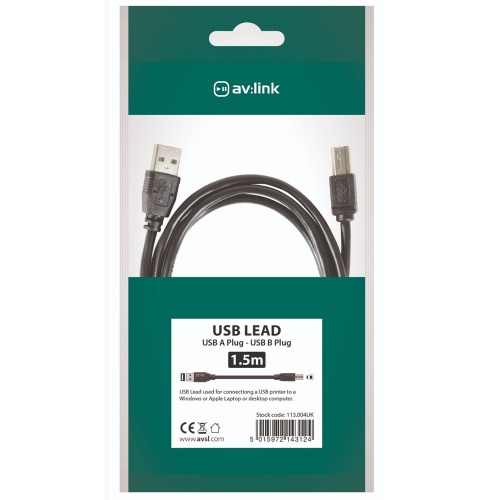 av:link USB 2.0 Type A Plug to Type B Plug (1.5m)