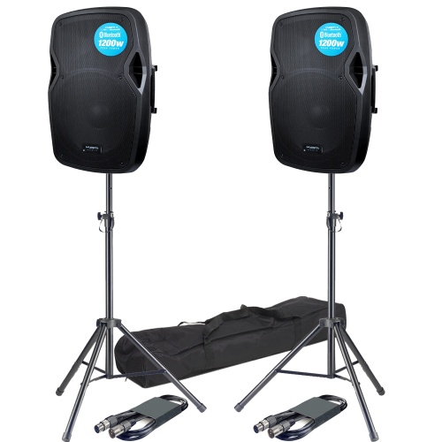 KAM RZ15ABT, 15'' Active Speaker with Bluetooth + Tripod Stands and Cables Bundle