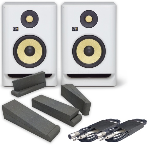 KRK Rokit RP5 G4 White Noise (Pair) + Isolation Pads + Leads Bundle