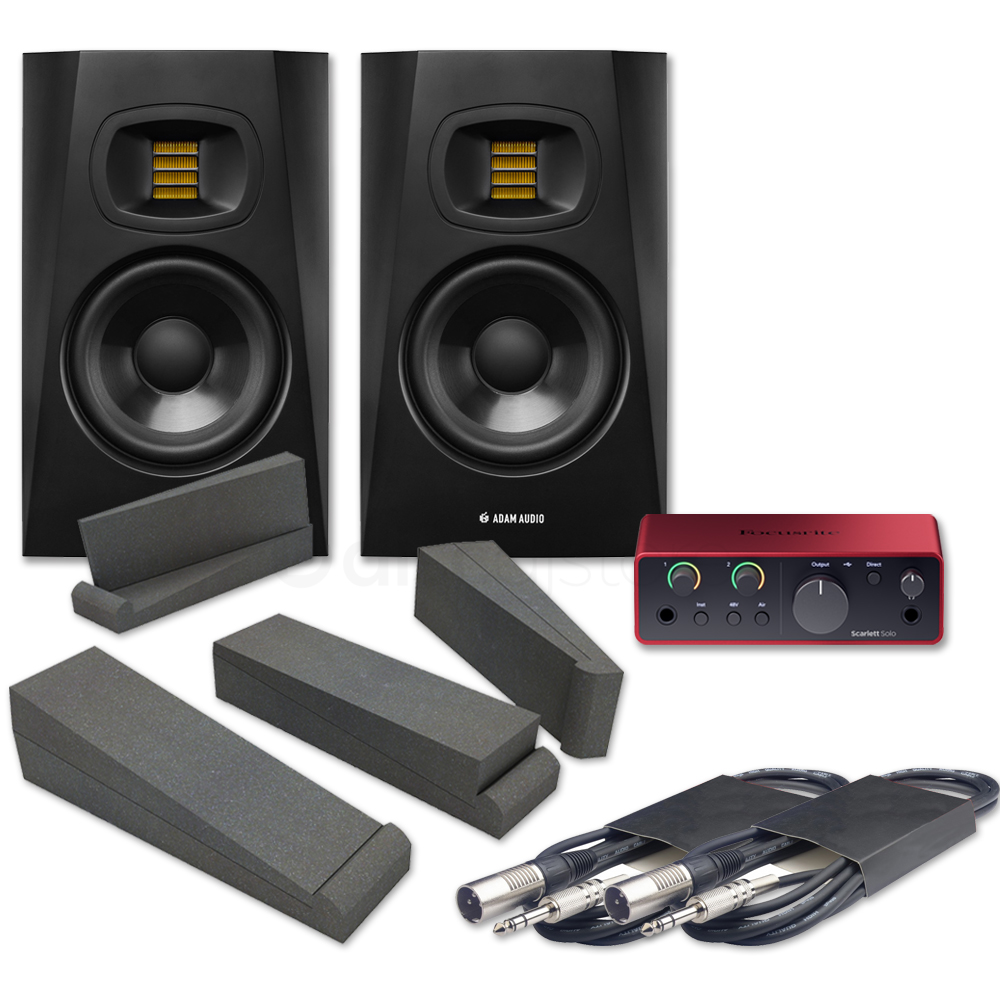 Adam Audio T5V (Pair) + Focusrite Scarlett Solo (G4), Pads & Leads Bundle Deal