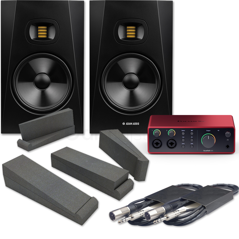 Adam Audio T8V (Pair) + Focusrite Scarlett 4i4 (G4), Pads & Leads Bundle Deal