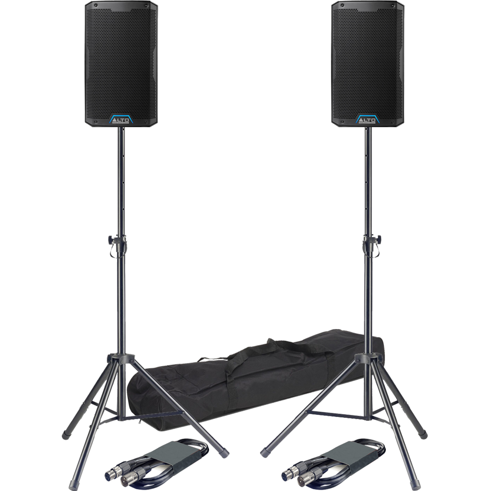 Alto TS408 8" Active Bluetooth PA Speakers + Tripod Stands & Leads Bundle