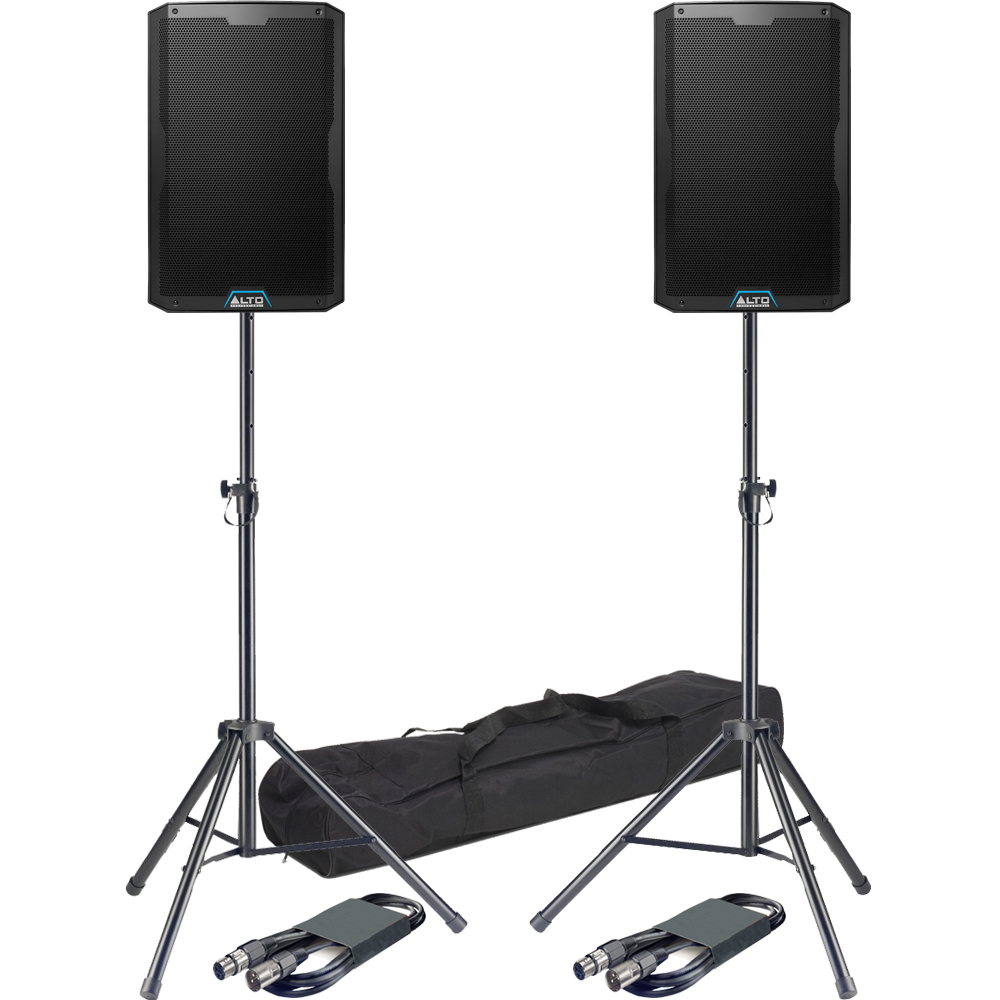 Alto TS415 15'' Active Bluetooth PA Speakers + Tripod Stands & Leads Bundle