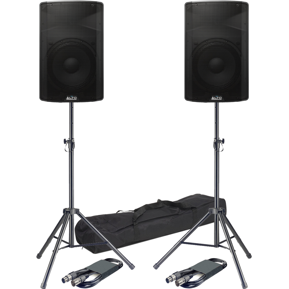 Alto TX312, 12'' Active PA Speakers + Tripod Stands & Leads Bundle