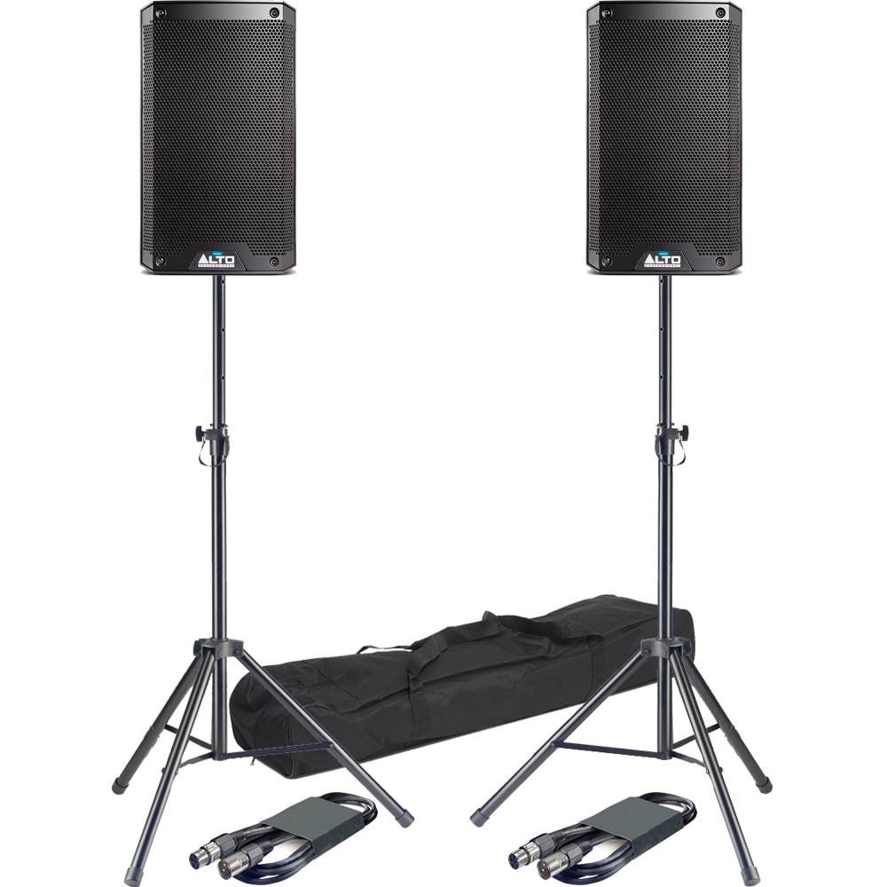 Alto TS308 8'' Active PA Speakers + Tripod Stands & Leads Bundle
