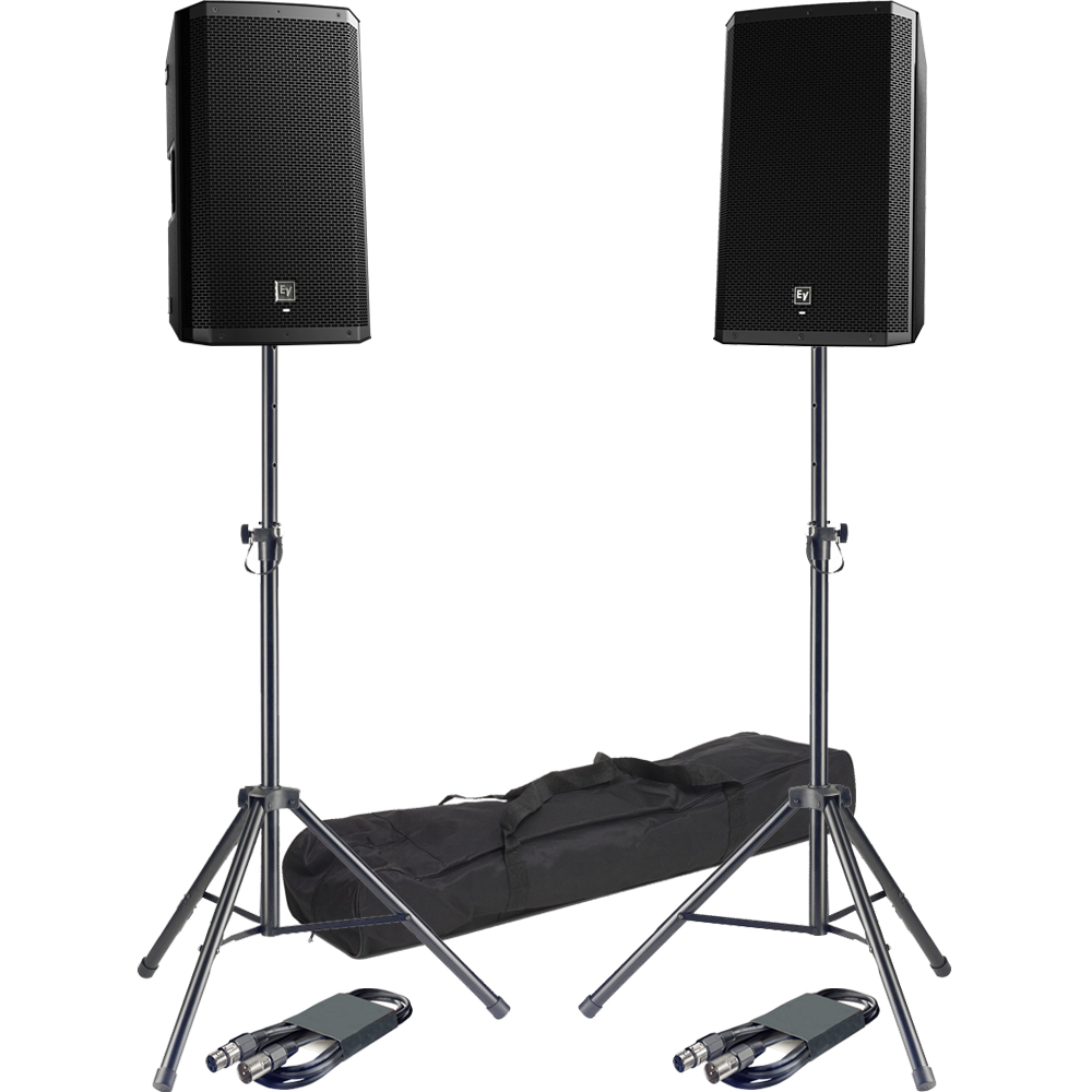 Electro-Voice ZLX-15BT Active Bluetooth PA Speakers + Tripod Stands & Leads Bundle