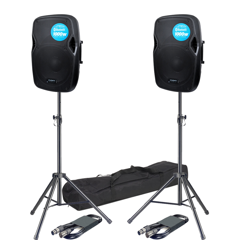KAM RZ12ABT, 12'' Active Speaker with Bluetooth + Tripod Stands and Cables Bundle