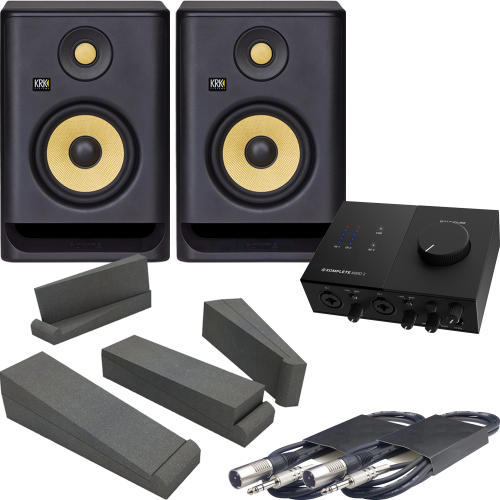 KRK Rokit RP5 G4 (Pair) + NI Audio 2 Audio Interface, Pads & Leads Studio Bundle