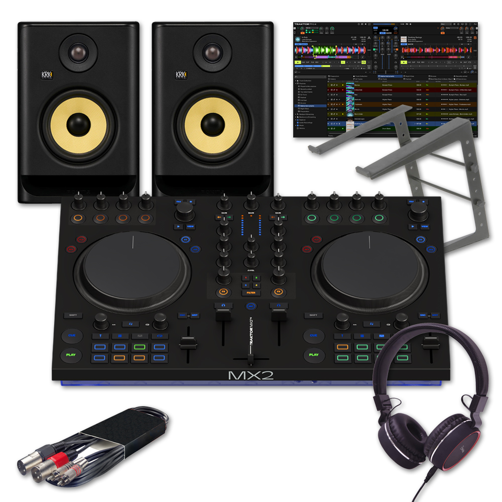 Native Instruments Traktor MX2 with Traktor Pro 4, KRK Rokit RP5 G5 (Pair) + Laptop Stand & Headphones Bundle