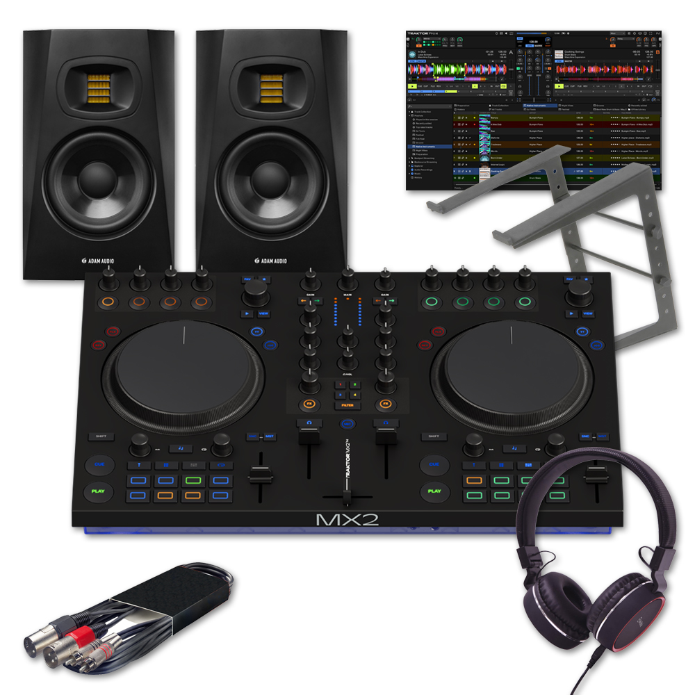 Native Instruments Traktor MX2 with Traktor Pro 4, Adam Audio T5V (Pair) + Laptop Stand & Headphones Bundle