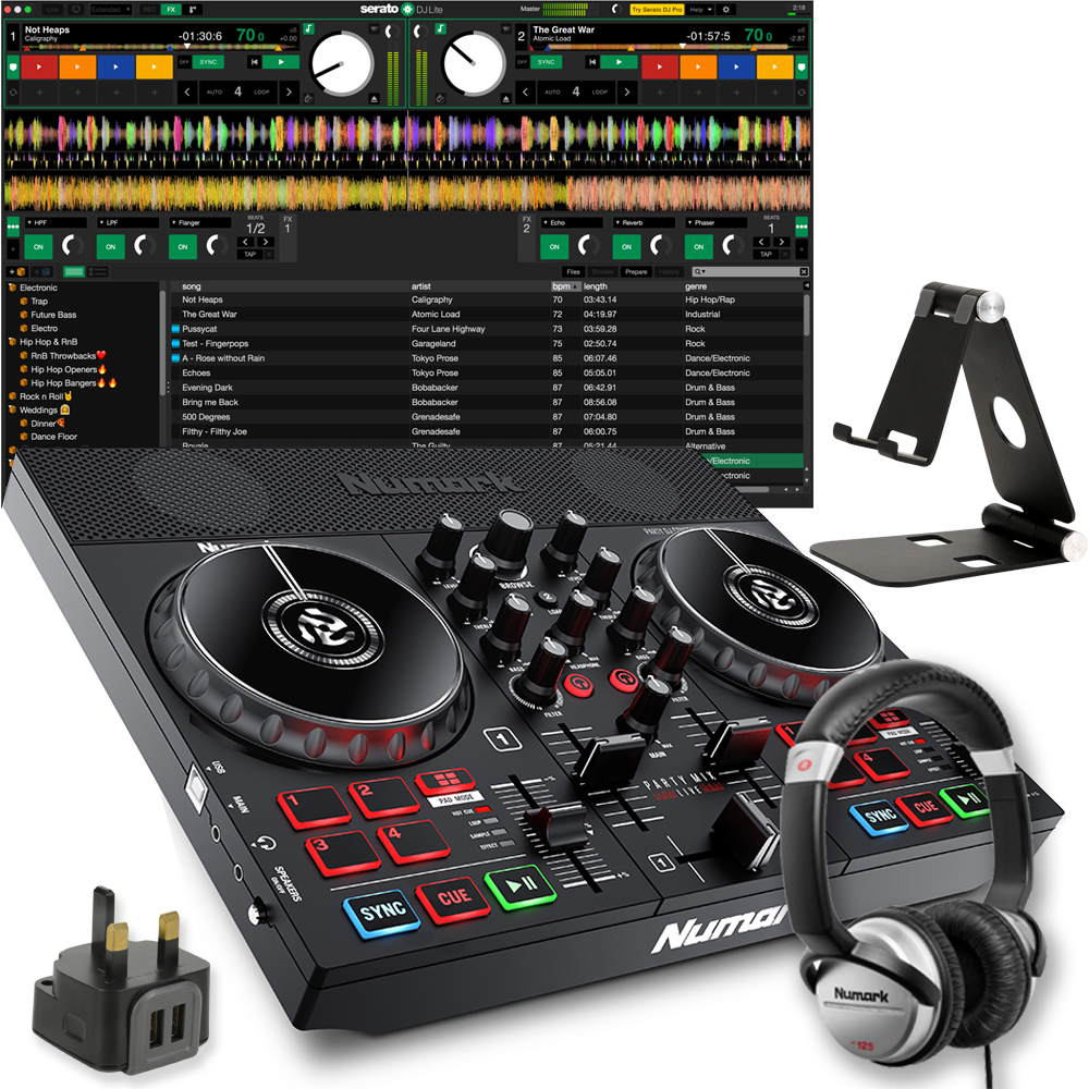 Numark Party Mix Live, HF125 Headphones, Stand & Plug Bundle