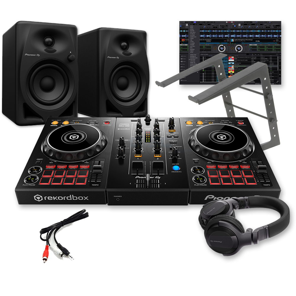Pioneer DJ DDJ-400 Controller, DM-40D Speakers, Laptop Stand & HDJ-CUE1 Headphones Bundle Deal