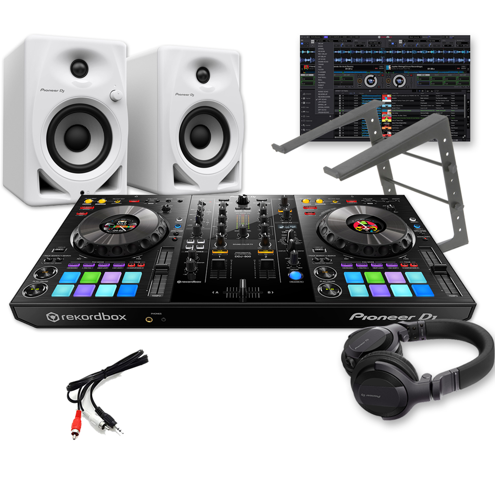 Pioneer DJ DDJ-800 Controller, DM-40D White Speakers, Laptop Stand & HDJ-CUE1 Headphones Bundle Deal