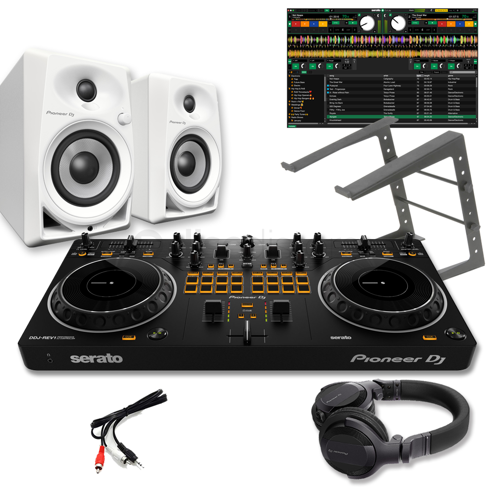Pioneer DDJ-REV1, DM-40 White Speakers, HDJ-CUE1 Headphones & Laptop Stand Bundle Deal