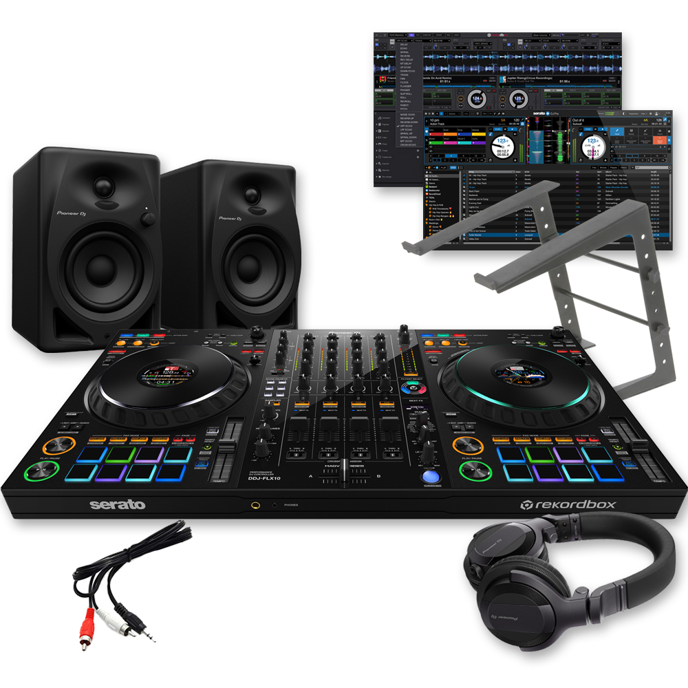 Pioneer DJ DDJ-FLX10 Controller, DM-40D, HDJ-CUE1 & Laptop Stand Bundle -  The Disc DJ Store