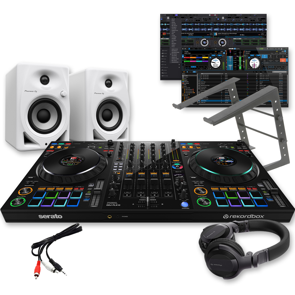 Pioneer DJ DDJ-FLX10 DJ Controller, DM-40D White Speakers, Laptop Stand & HDJ-CUE1 Headphones Bundle