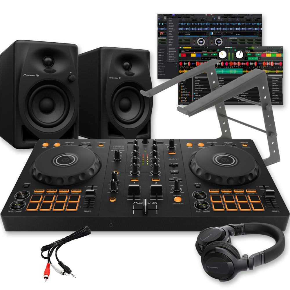 Pioneer DJ DDJ-FLX4 Controller, DM-40D Speakers, Laptop Stand & HDJ-CUE1 Headphones Bundle Pioneer DJ DDJ-FLX4 Controller, DM-40D Speakers, Laptop Stand & HDJ-CUE1 Headphones Bundle