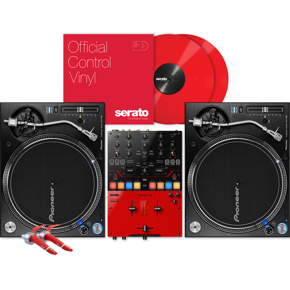 Pioneer DJ PLX1000 Turntables (Pair) + DJM-S5 Mixer + Red Serato Vinyl & Ortofon Concorde MKII Digital Carts