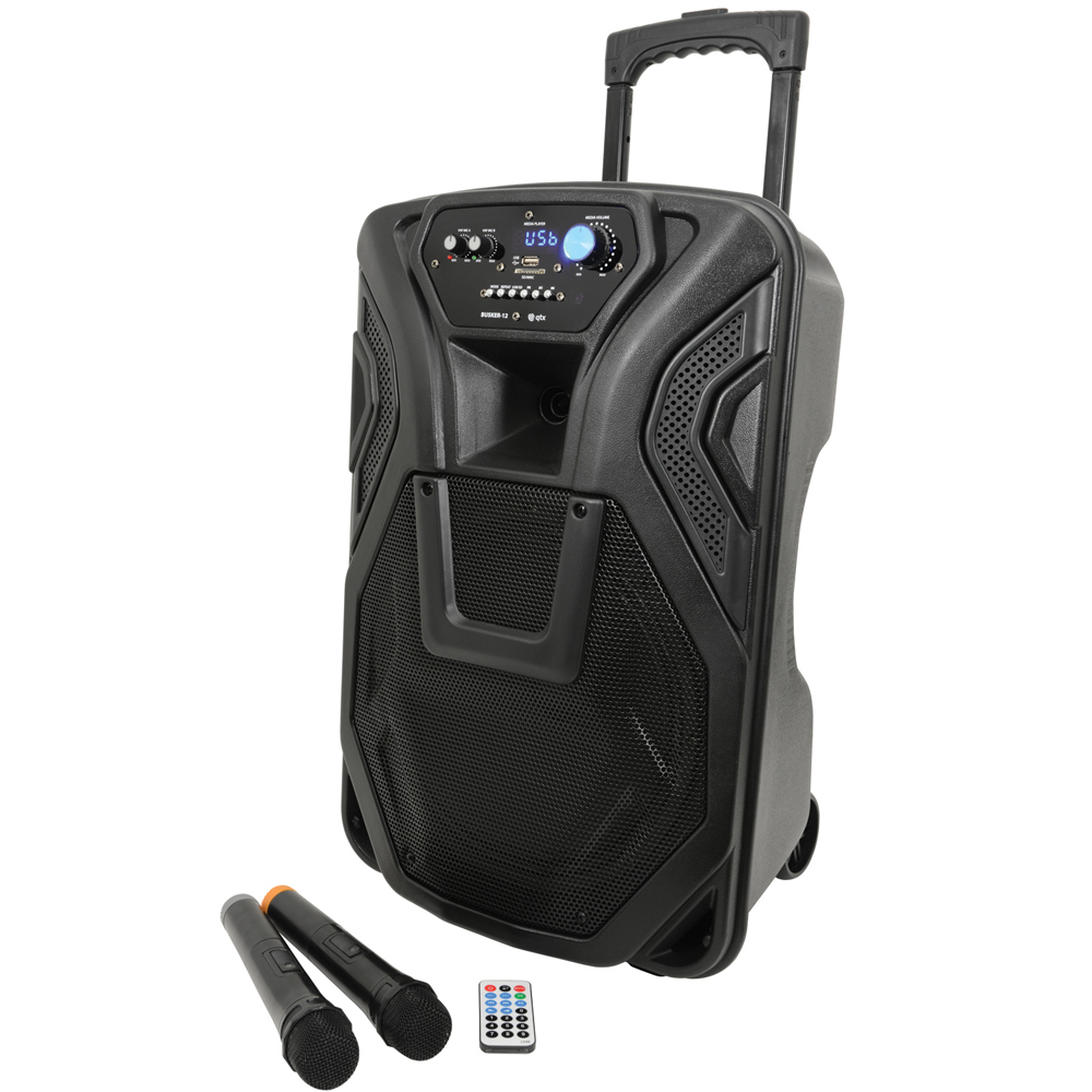 QTX 12" Battery Powered Busker PA System with VHF Mics & USB/SD Media Player + Bluetooth (40w RMS)