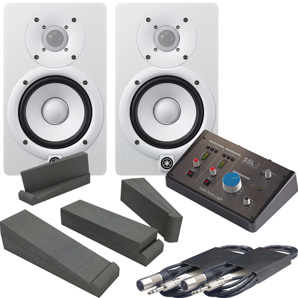 Yamaha HS5 White (Pair) + SSL 2 Audio Interface, Pads & Leads Bundle