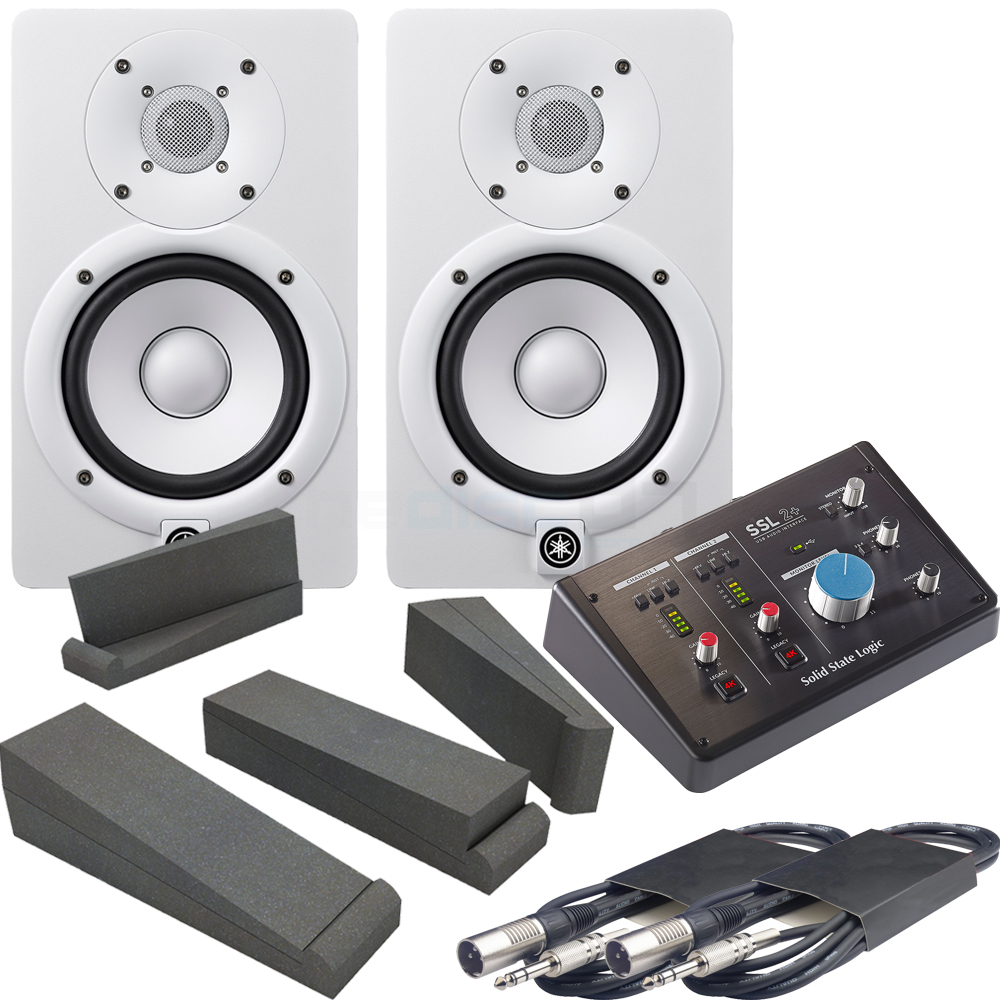 Yamaha HS7 White (Pair) + SSL 2+ Audio Interface, Pads & Leads Bundle