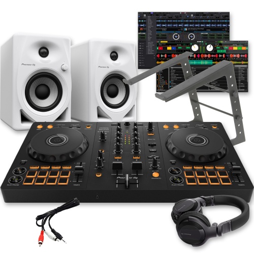 Pioneer DJ DDJ-FLX4 Controller, DM-40D White Speakers, Laptop Stand & HDJ-CUE1 Headphones Bundle