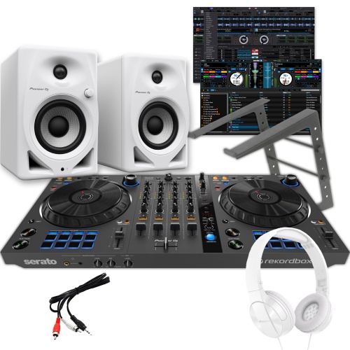 Pioneer DJ DDJ-FLX6-GT Controller, DM-40D White Speakers, Laptop Stand & MJ503W Headphones Package