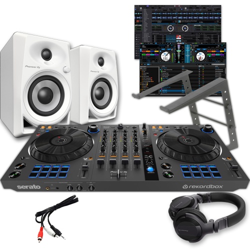 Pioneer DJ DDJ-FLX6-GT Controller, DM-40 White Speakers, Laptop Stand & HDJ-CUE1 Headphones Package