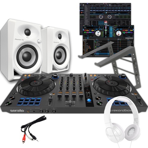 Pioneer DJ DDJ-FLX6-GT Controller, DM-40 White Speakers, Laptop Stand & MJ503W Headphones Package