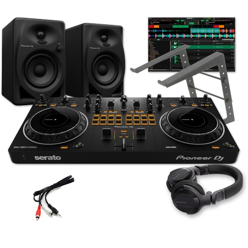 Pioneer DJ DDJ-REV1 Controller, DM-40D Speakers, Laptop Stand & HDJ-CUE1 Headphones Bundle Deal